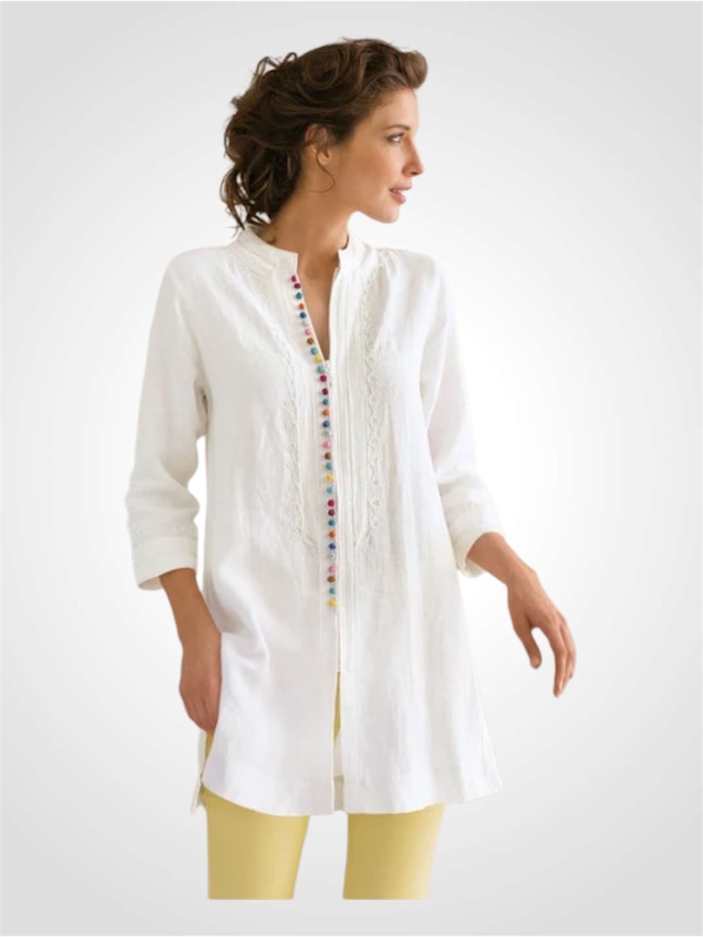 Soft Surroundings Desert Linen White Tunic with Multicolor Buttons Medium